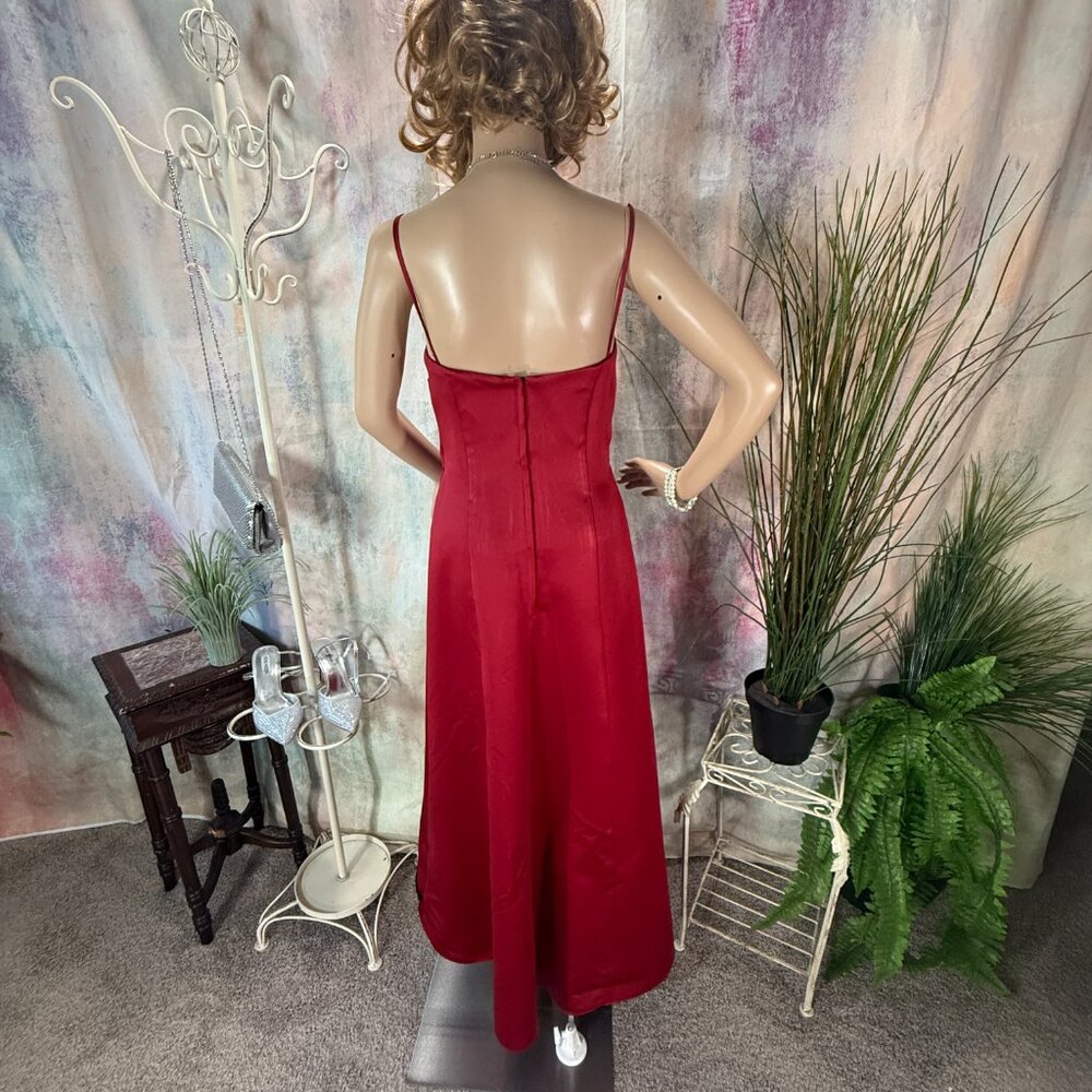 📌Alexia Designs Gothic Style  Red Satin Prom - Formal Dress w/ Black Lace Trim - Picture 2 of 16